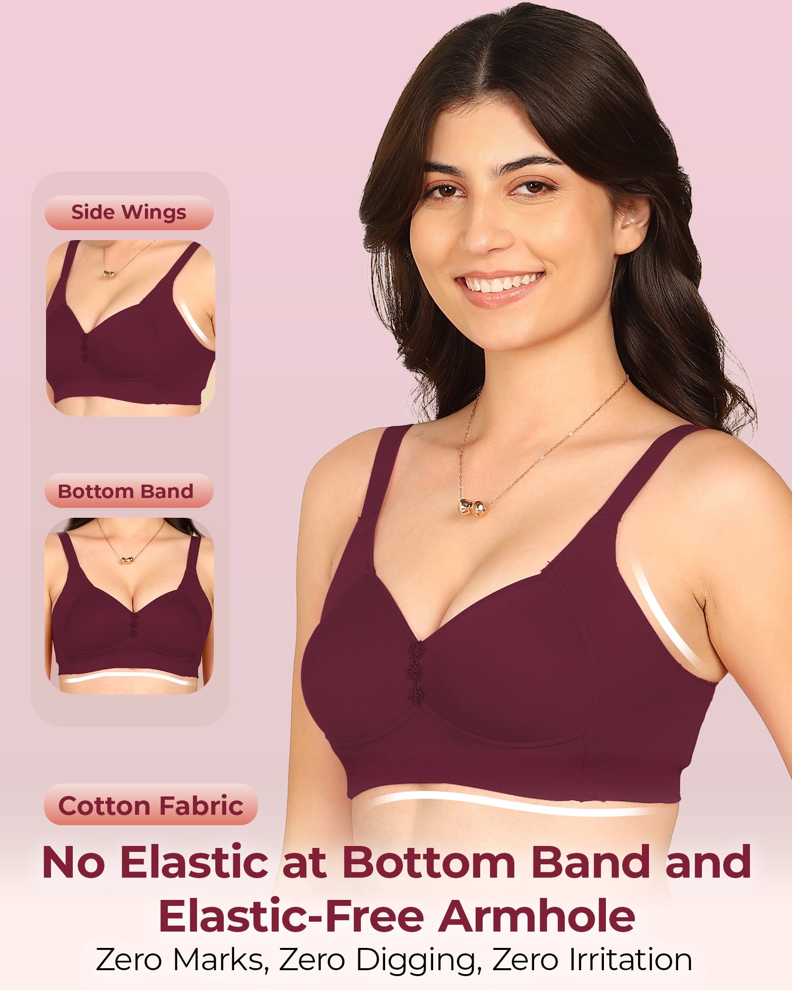Komli Bonded Breathable Cotton Plus Size M-Frame Minimiser Padded Bra (KB-408-MAGENTA)