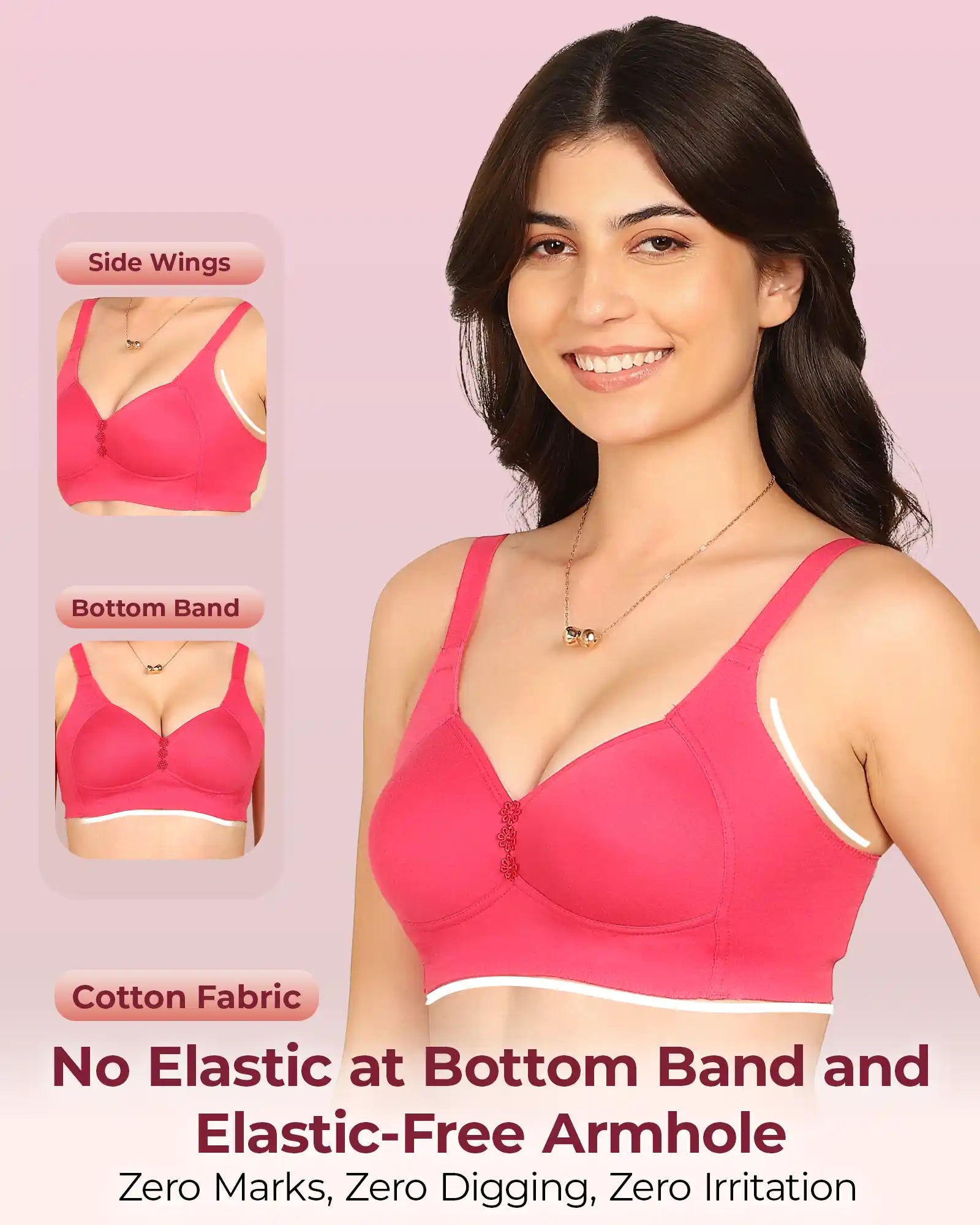Komli Bonded Breathable Cotton Plus Size M-Frame Minimiser Padded Bra (KB-408-DARK PINK)
