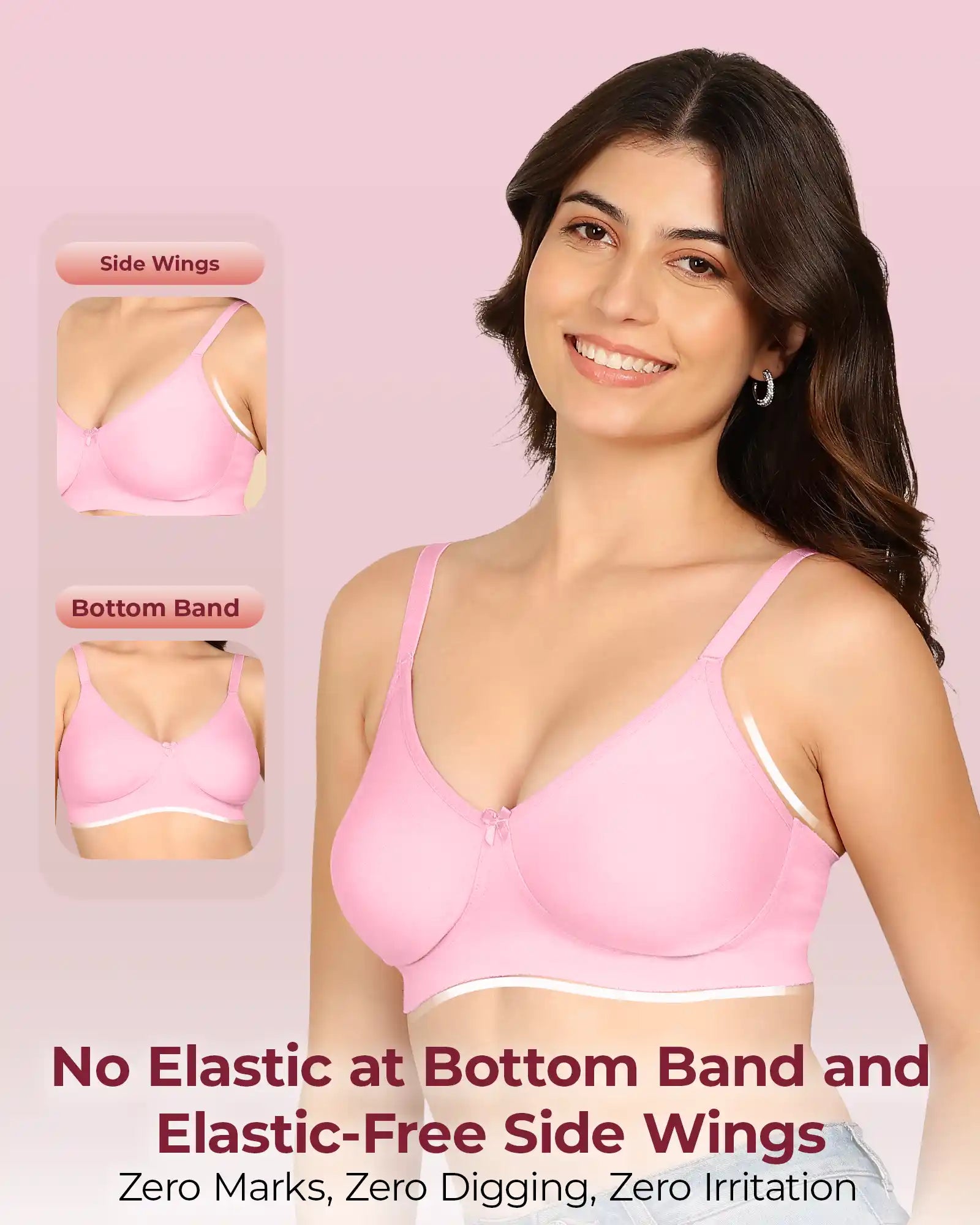 Komli Bonded Breathable Cotton Full Coverage Non-Padded Bra (KB-352-PINK)