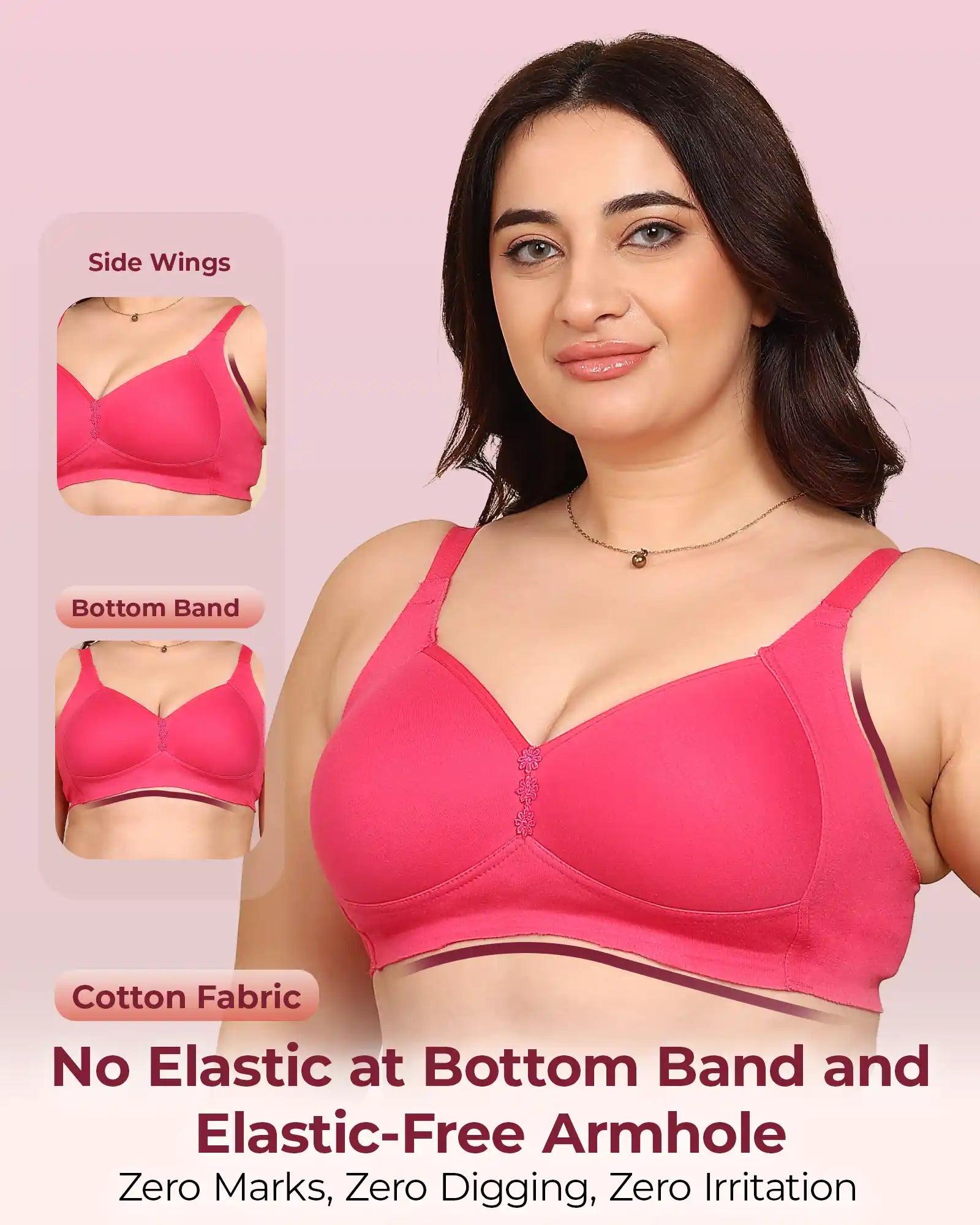 Komli Bonded Breathable Cotton Plus Size M-Frame Minimiser Padded Bra (KB-408-DARK PINK)