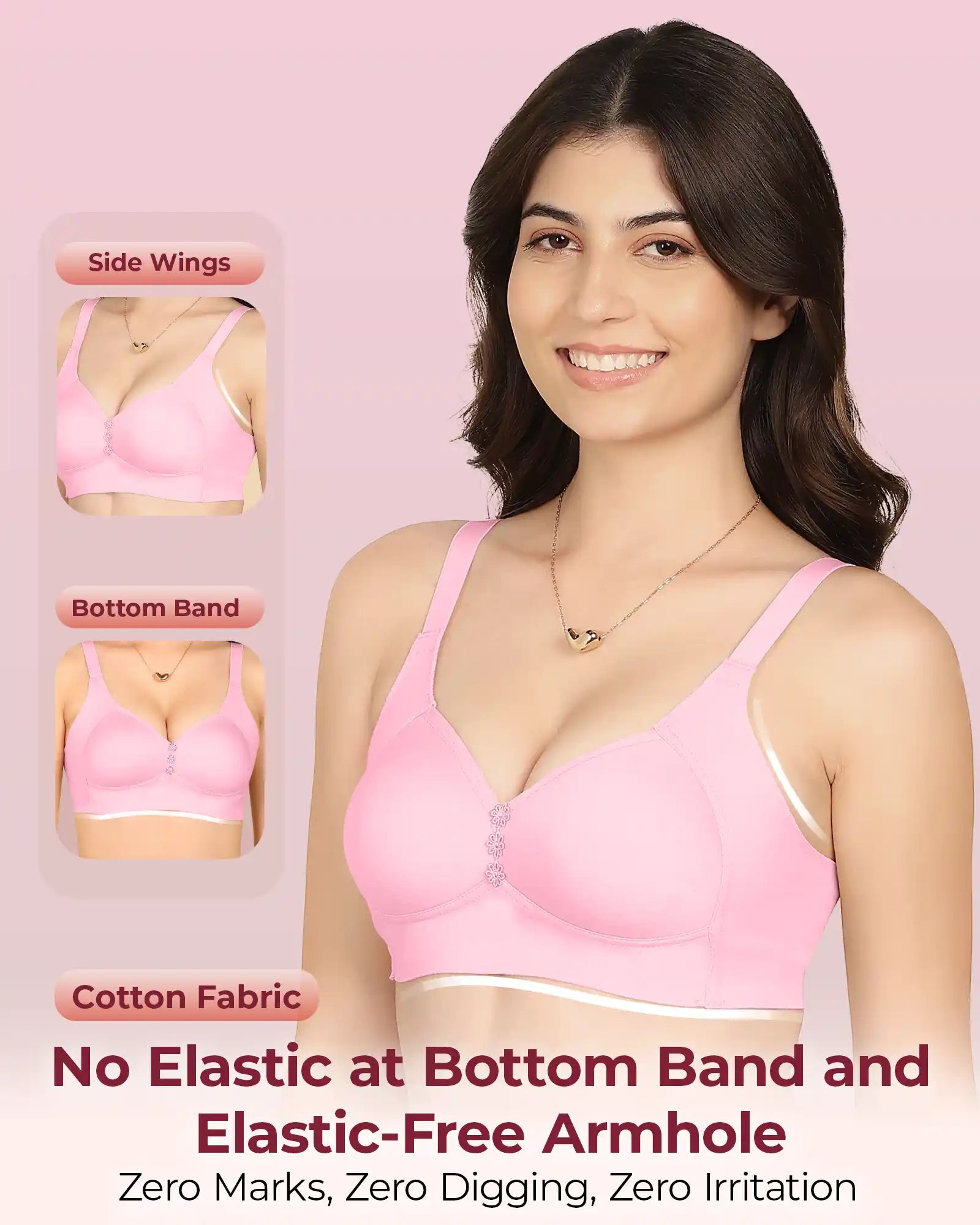 Komli Bonded Breathable Cotton Plus Size M-Frame Minimiser Padded Bra (KB-408-PINK)
