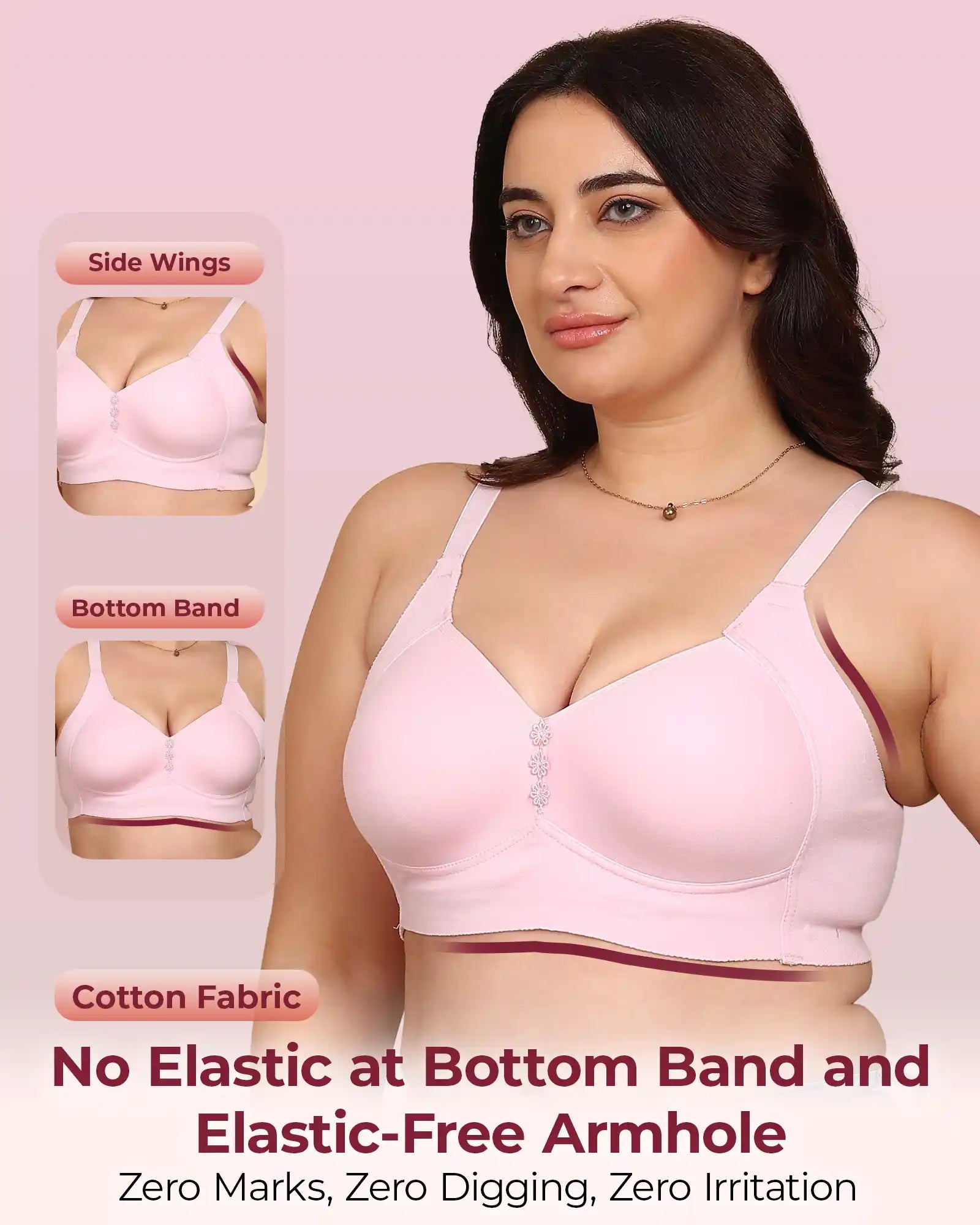 Komli Bonded Breathable Cotton Plus Size M-Frame Minimiser Padded Bra (KB-408-PINK)