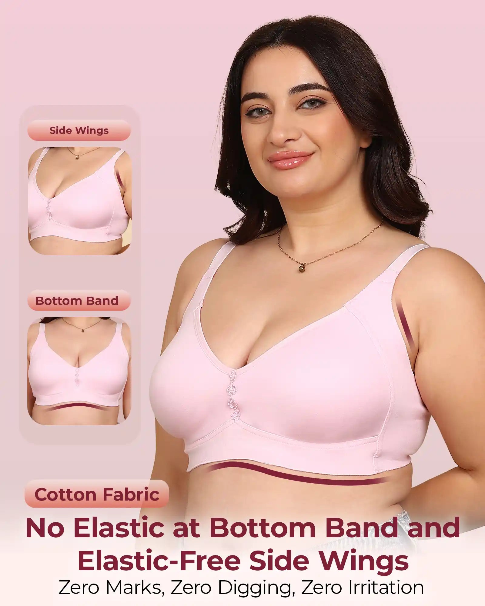 Komli Bonded Breathable Cotton Plus Size M-Frame Minimiser Non-Padded Bra (KB-405-PINK)