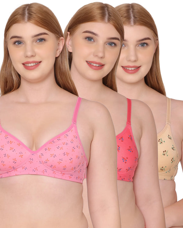 Komli Printed Seamless Medium Padded Cotton Rich Full Coverage T-Shirt Bra (K-5501-ASST-3PC)