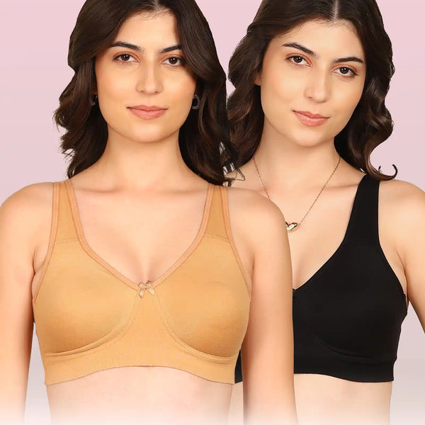 Komli Bonded Breathable Cotton Plus Size Full Coverage Non-Padded Bra (KB-401) (Pack of 2)