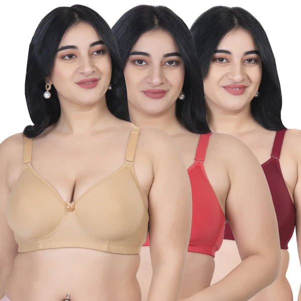 Komli Medium Padded Cotton Full Coverage Plus Size Bra - U Shaped Back Bra (K-D925-3PC)