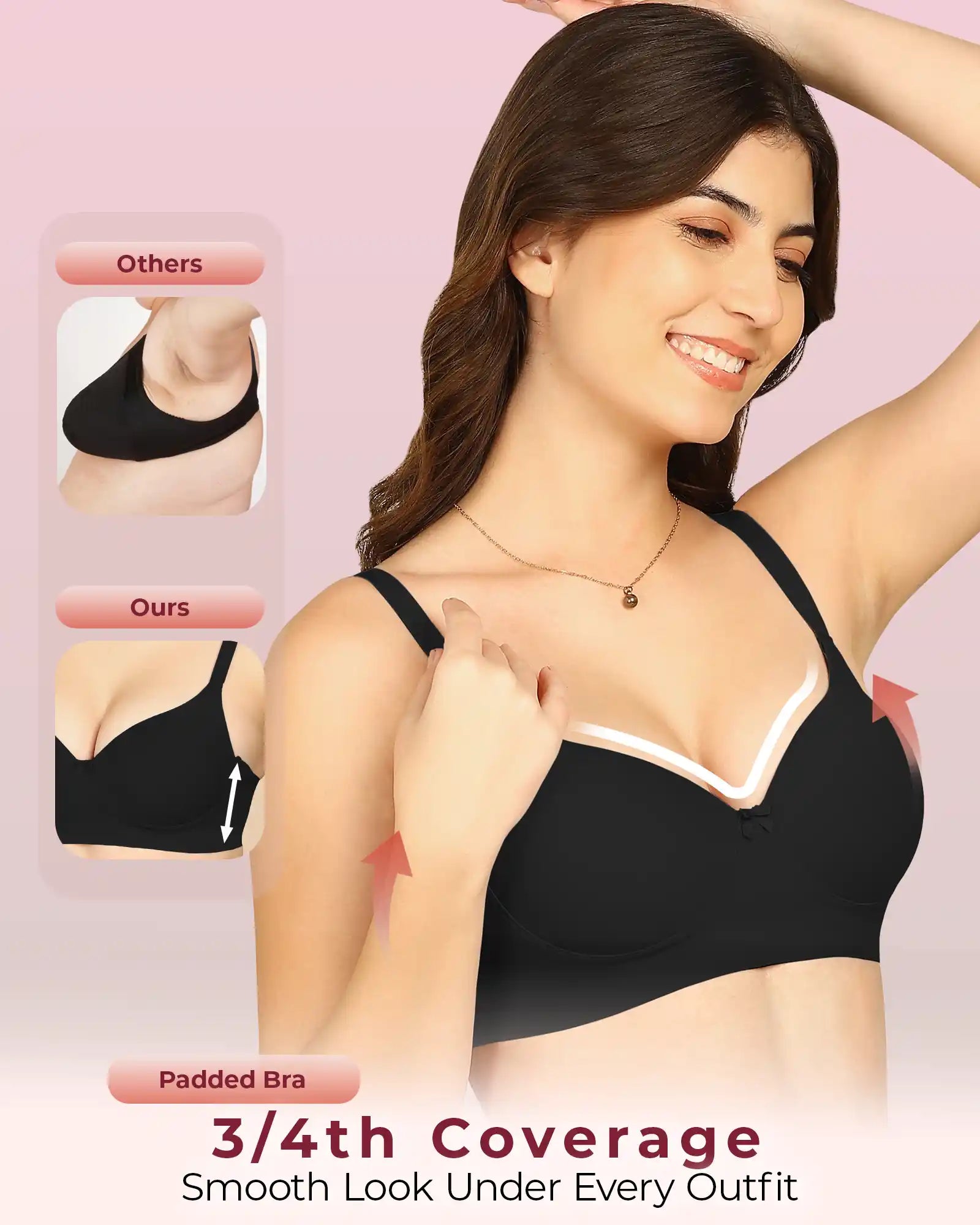 Komli Bonded Polyamide Push-Up 3/4 Coverage Bra (Level 3 Padding (KB-5301-BLACK)