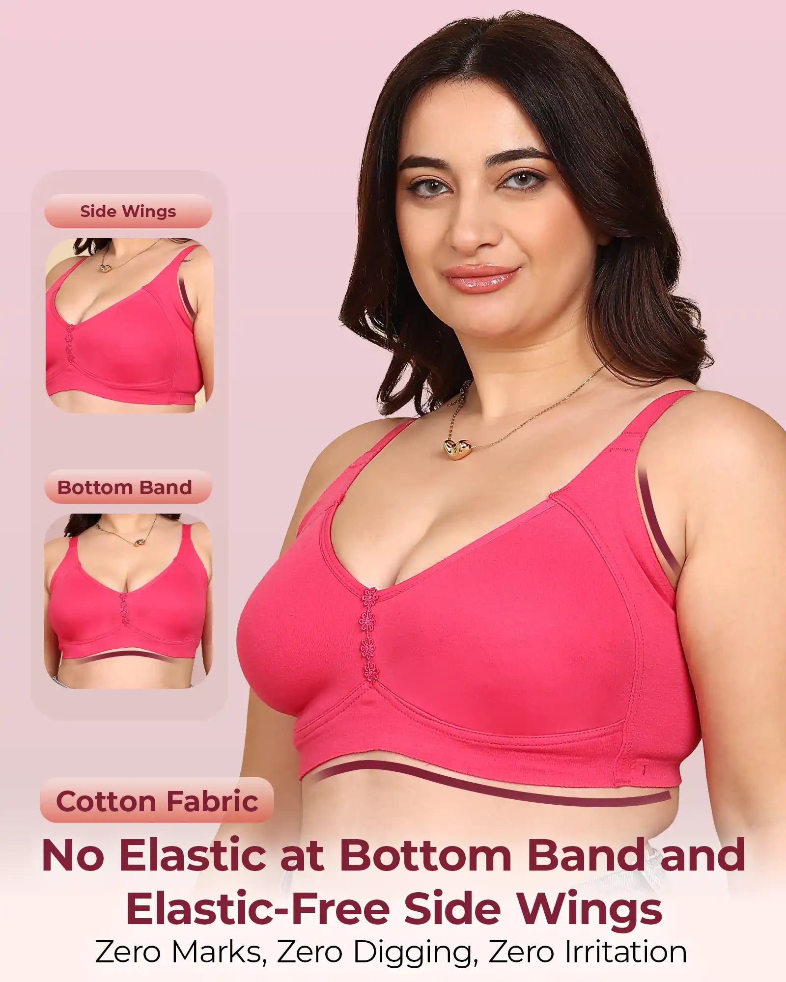 Komli Bonded Breathable Cotton Plus Size M-Frame Minimiser Non-Padded Bra (KB-405-DARK PINK)