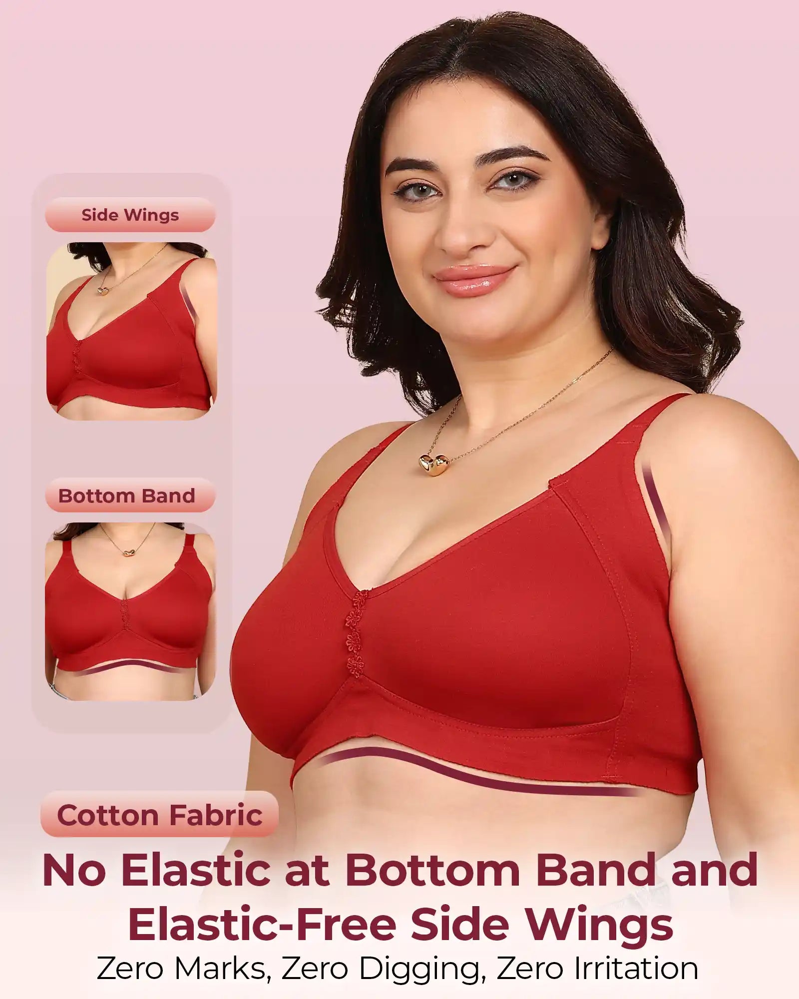 Komli Bonded Breathable Cotton Plus Size M-Frame Minimiser Non-Padded Bra (KB-405-RED)