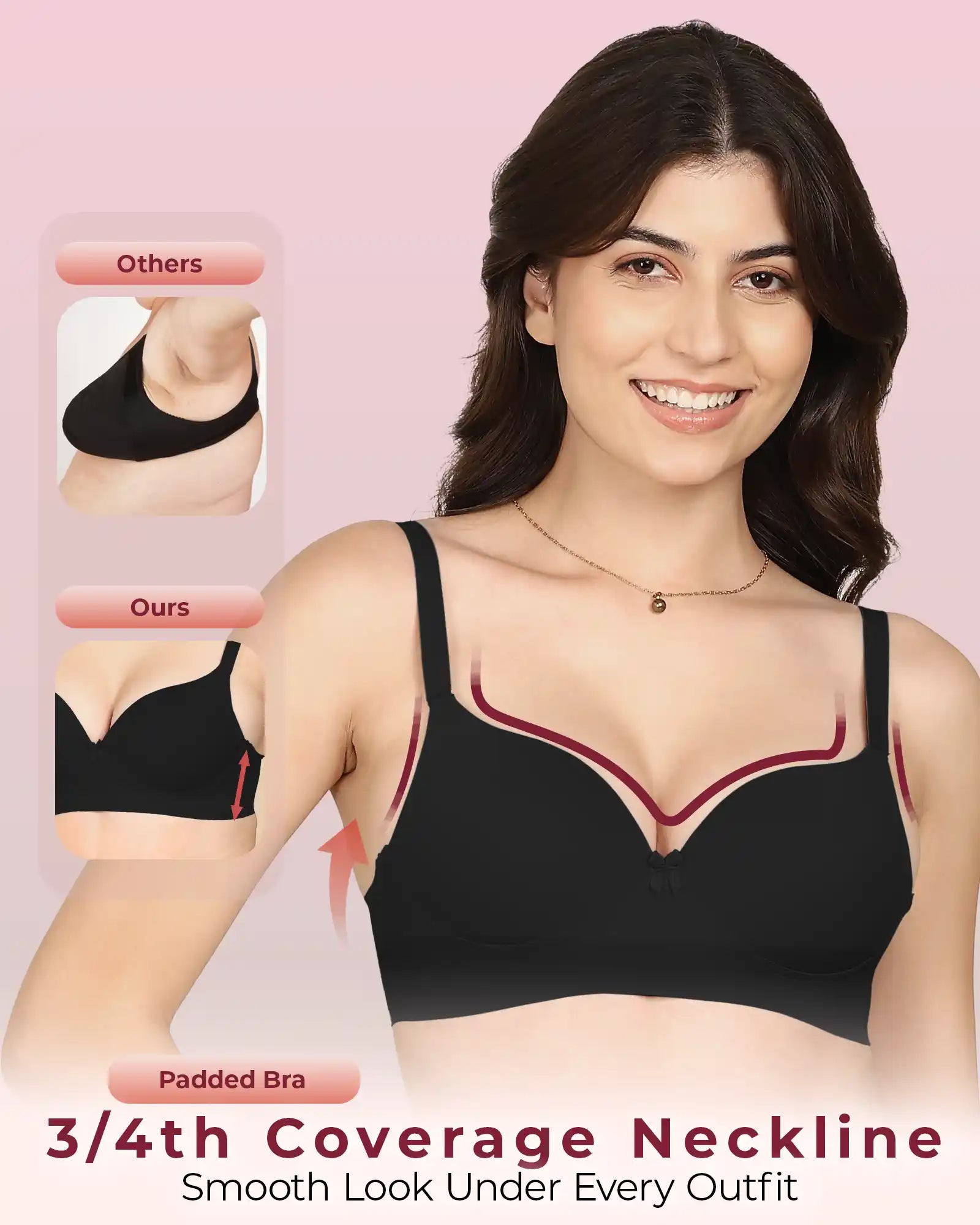 Komli Bonded Polyamide Push-Up 3/4 Coverage Maximiser Bra (Level 2 Padding (KB-5107-BLACK)