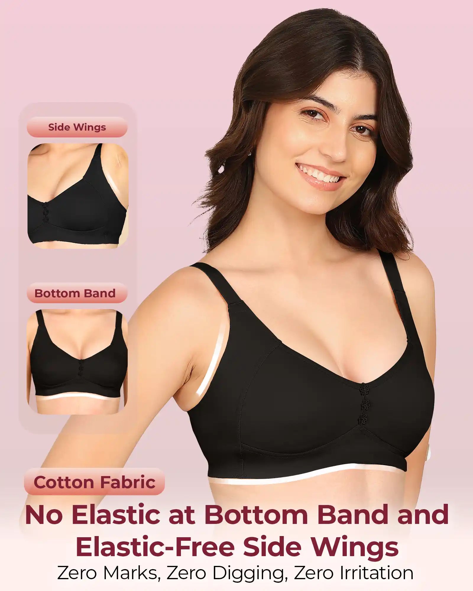 Komli Bonded Breathable Cotton Plus Size M-Frame Minimiser Non-Padded Bra (KB-405-BLACK)