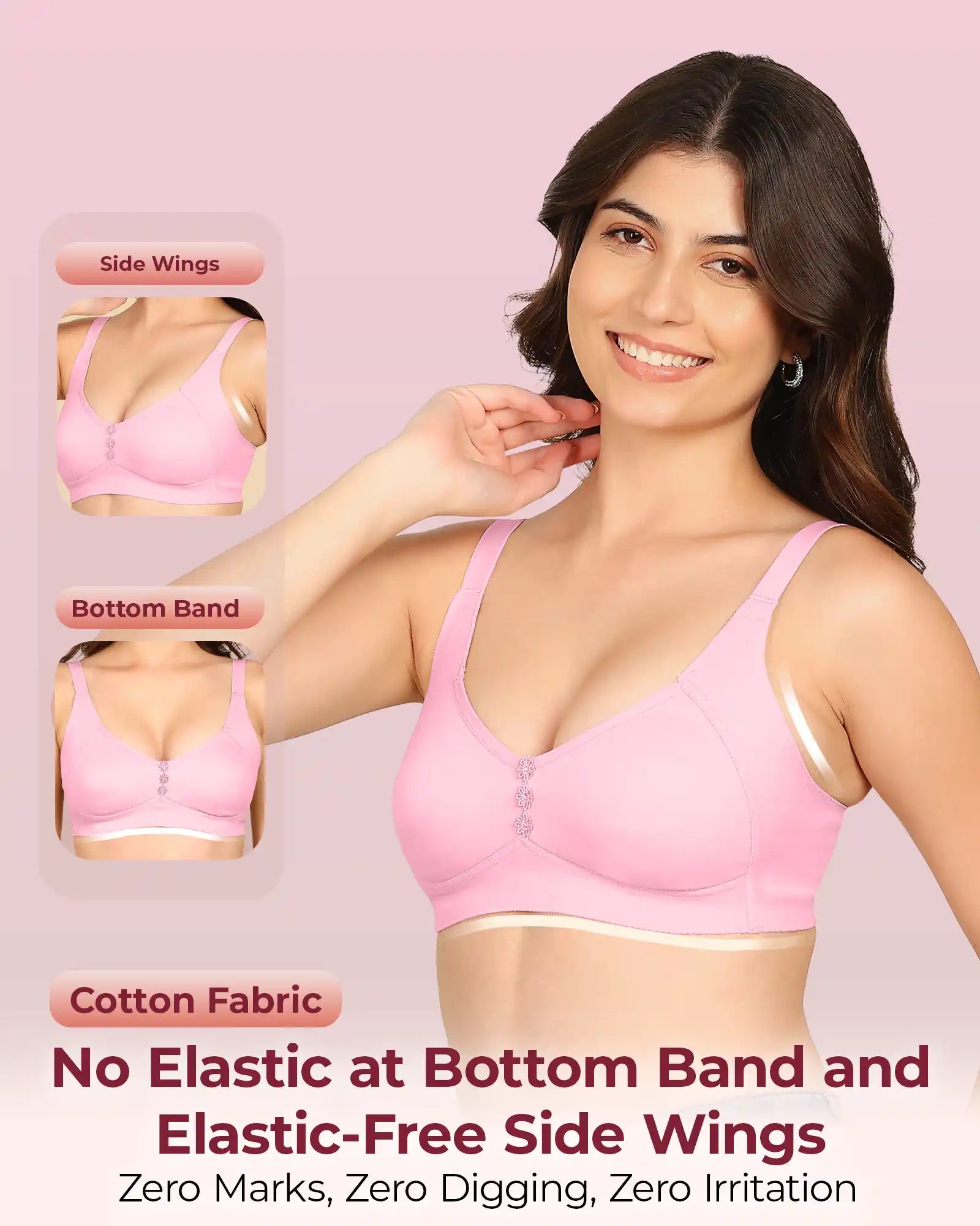Komli Bonded Breathable Cotton Plus Size M-Frame Minimiser Non-Padded Bra (KB-405-PINK)