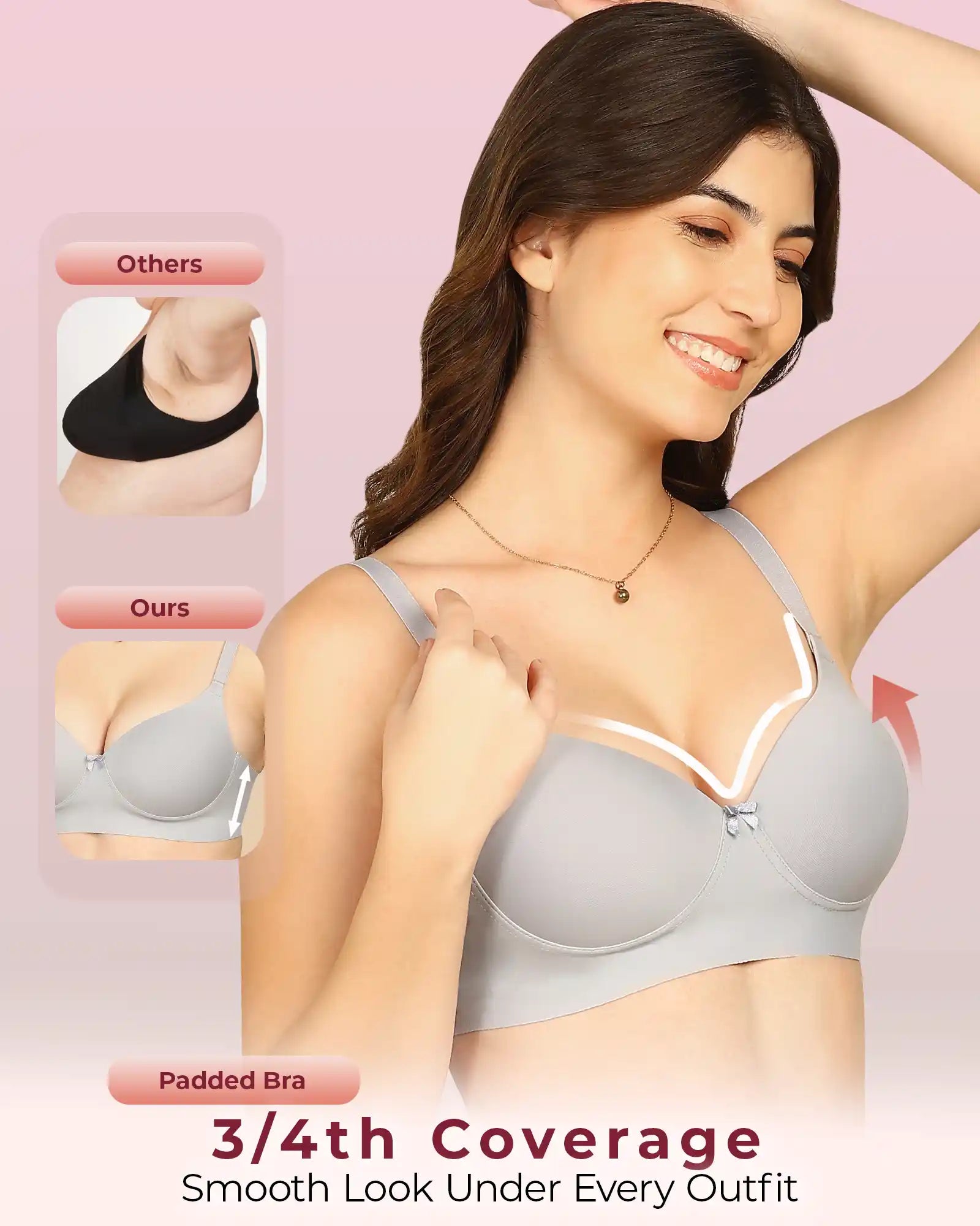 Komli Bonded Polyamide Push-Up 3/4 Coverage Bra (Level 3 Padding (KB-5301-GREY)