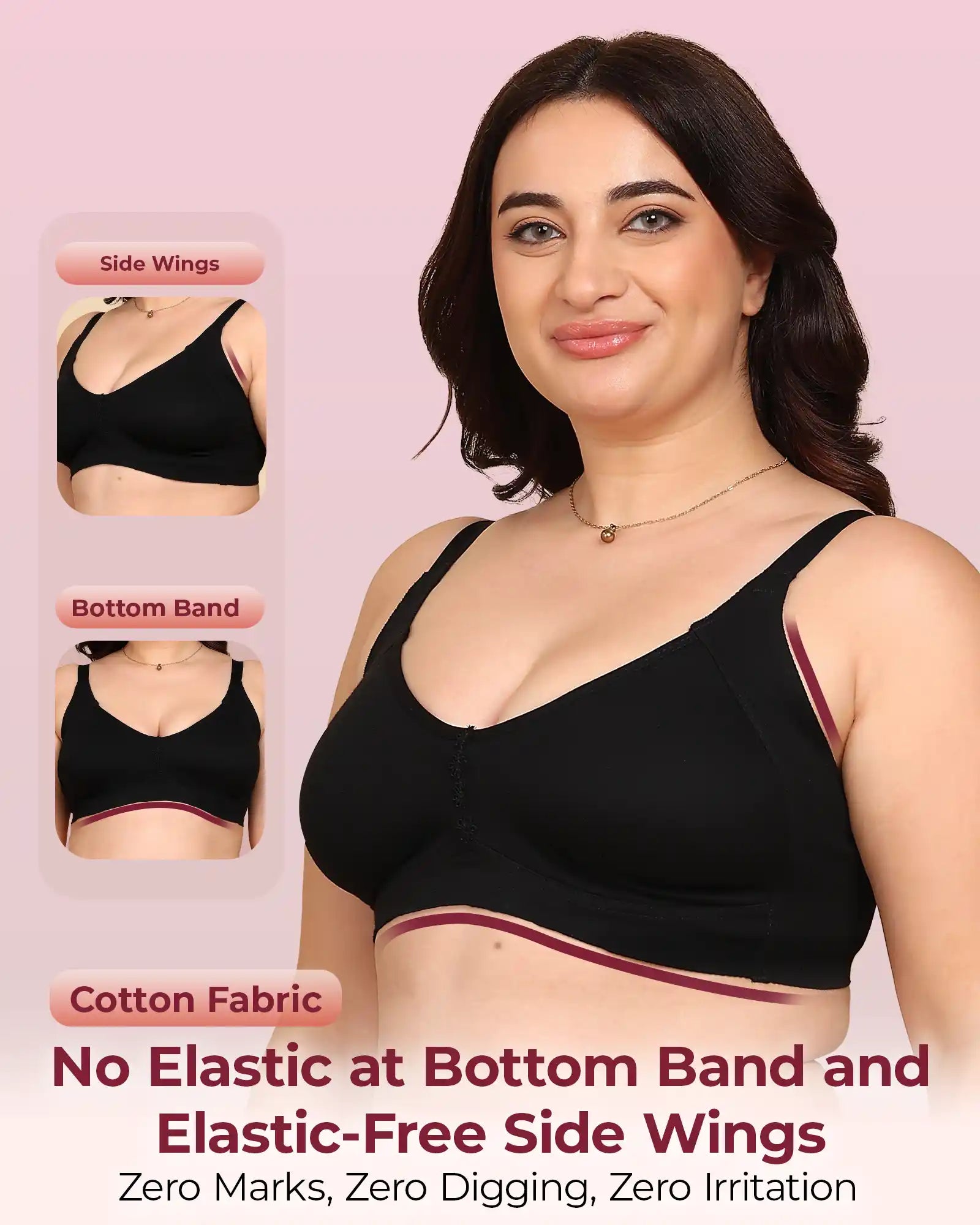 Komli Bonded Breathable Cotton Plus Size M-Frame Minimiser Non-Padded Bra (KB-405-BLACK)