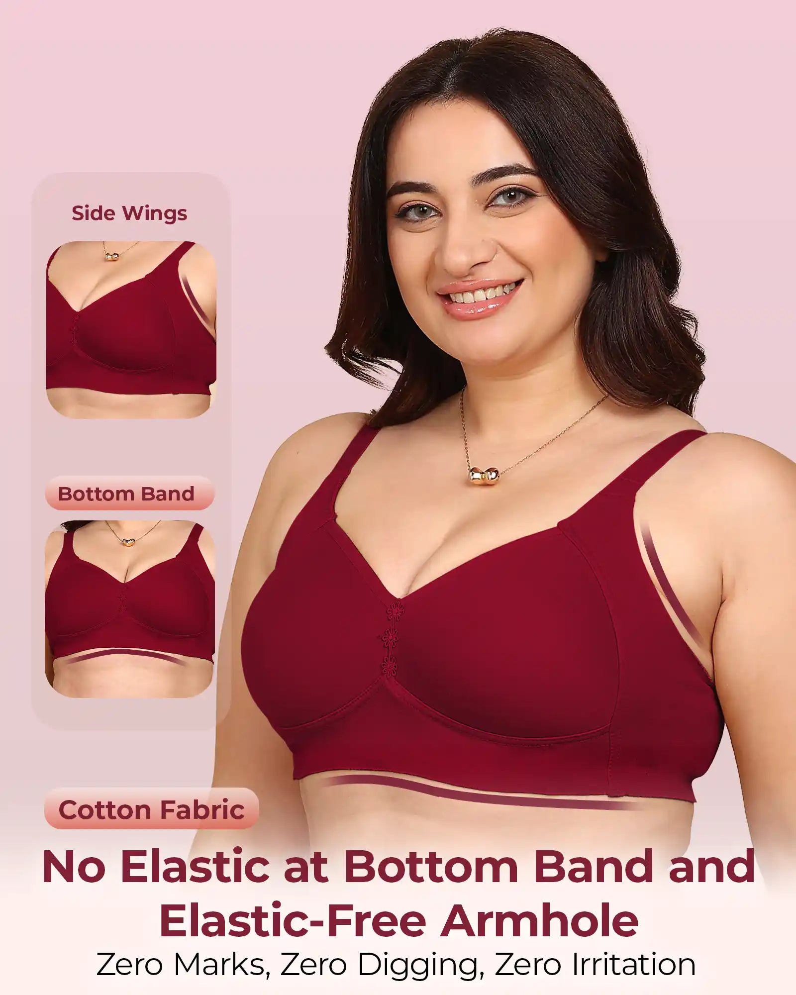 Komli Bonded Breathable Cotton Plus Size M-Frame Minimiser Padded Bra (KB-408-MAGENTA)