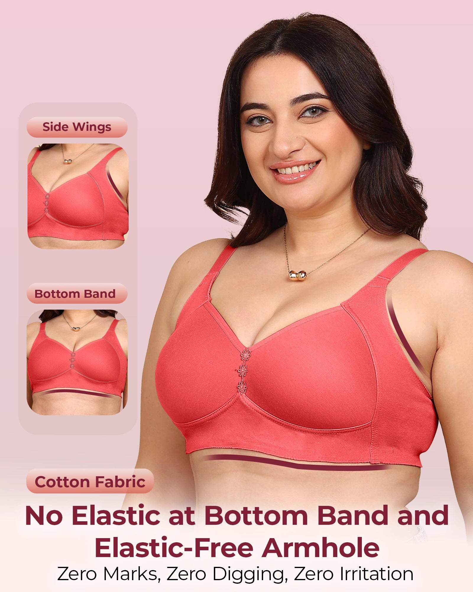 Komli Bonded Breathable Cotton Plus Size M-Frame Minimiser Padded Bra (KB-408-CORAL)