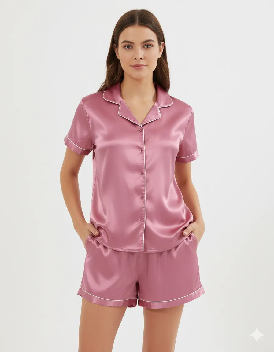 Arolisa Silky Satin Sleep Set – Short-Sleeve Shirt & Shorts