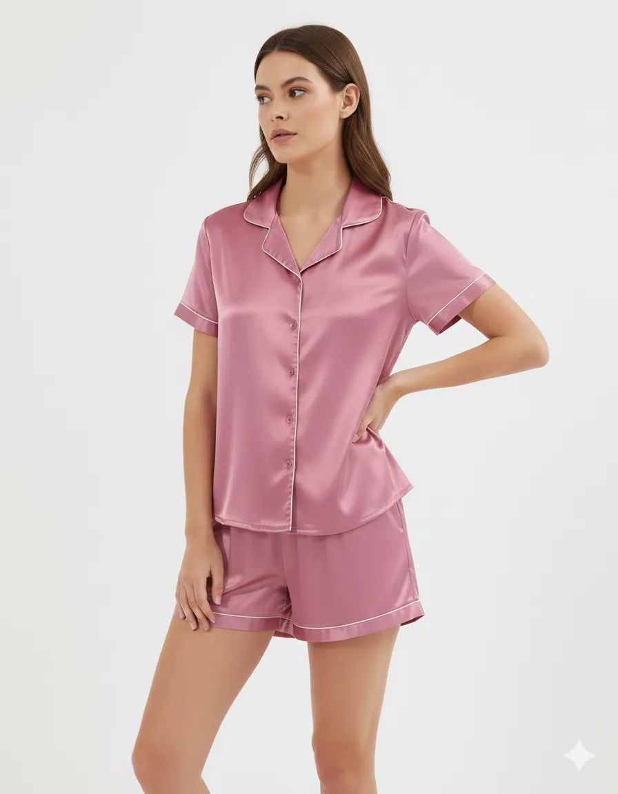 Arolisa Silky Satin Sleep Set – Short-Sleeve Shirt & Shorts